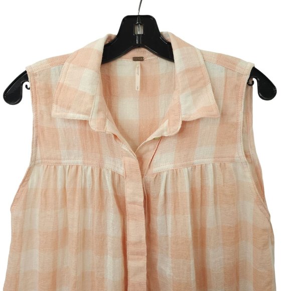 Free People Sleeveless Top Womens S Tank Pink White Check Hidden Button Front - Picture 10 of 14